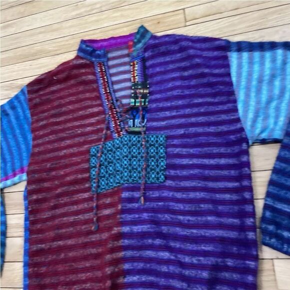 Boho Surfer Beach Sweater Adult L Tribal Beach Knit Aqua ColorBlock Pullover M/L - Picture 15 of 16